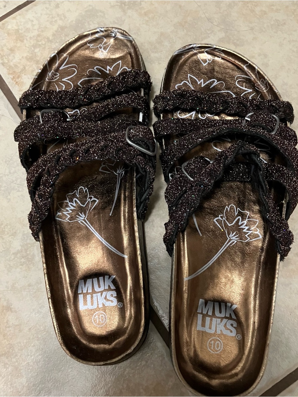 MUK LUKS Women's Terri Sandals sparkly bronze braided straps 10